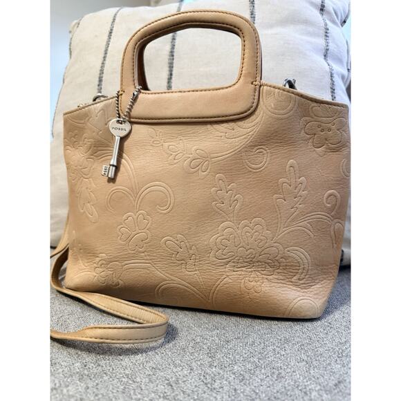 Vintage Fossil Embossed Genuine Leather Purse Crossbody Bag Tan Beige Y2K 90s - Picture 2 of 13